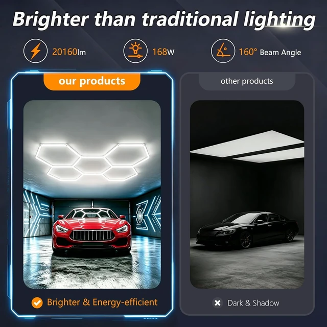Alt view image 2 of 7 - Bevenus Hexagon Garage Light, 168W 6500K Super Bright Honeycomb LED Ceiling Light, DIY Hex Lights for Warehouse Workshop Gym Barbershop Car Detailing Auto Beauty (5 Grids)