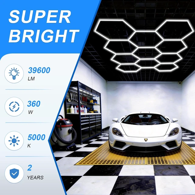 Alt view image 2 of 7 - LZHOME Hexagon LED Garage Light Fixture: 11 Grids 39600LM Super Bright Honeycomb Led Ceiling Lights, 5000K Natural White, Hexagon Light for Garage Basement Warehouse Gym Car Detailing Shop