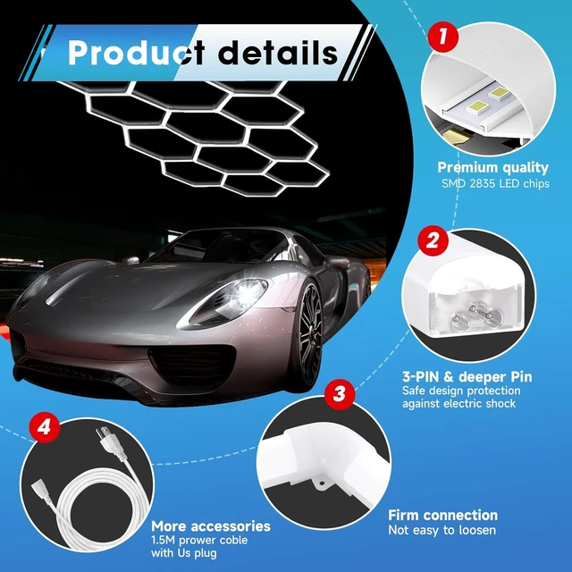 Alt view image 7 of 7 - LZHOME Hexagon LED Garage Light Fixture: 11 Grids 39600LM Super Bright Honeycomb Led Ceiling Lights, 5000K Natural White, Hexagon Light for Garage Basement Warehouse Gym Car Detailing Shop
