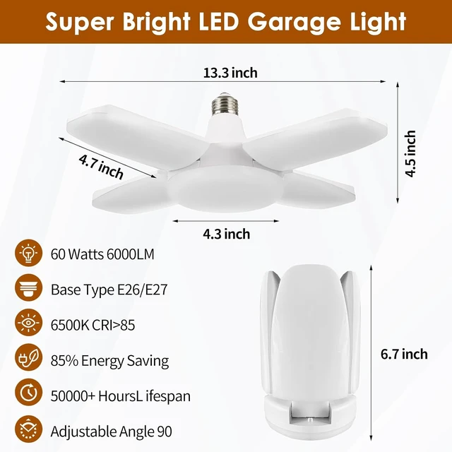 Alt view image 2 of 7 - YWD LED Garage Lights 2Pack, 60W Deformable Led Ceiling Lighting 6000LM E26/E27 Daylight 6500K Super Bright Light Adjustable for Workbench, Barn, Warehouse