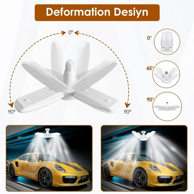 Alt view image 4 of 7 - YWD LED Garage Lights 2Pack, 60W Deformable Led Ceiling Lighting 6000LM E26/E27 Daylight 6500K Super Bright Light Adjustable for Workbench, Barn, Warehouse