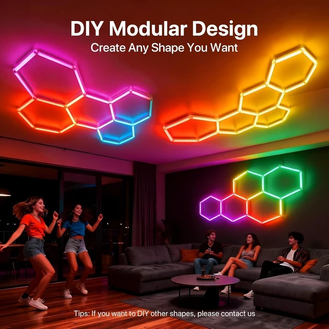 Alt view image 4 of 7 - HYPERLITE Hexagon Garage Lights: Gen-IV 5 Grid RGB Hexagon LED Lights with Music Sync Mode, App & Remote Control, Multi-Color Honeycomb Light for Gaming Room, Gym, Garage