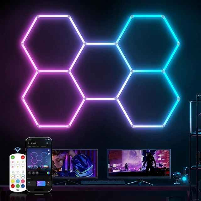 Main image of HYPERLITE Hexagon Garage Lights: Gen-IV 5 Grid RGB Hexagon LED Lights with Music Sync Mode, App & Remote Control, Multi-Color Honeycomb Light for Gaming Room, Gym, Garage