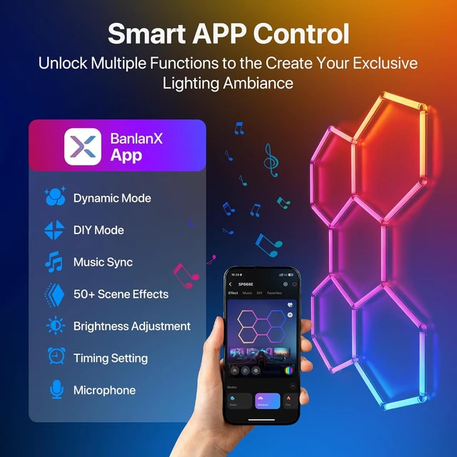 Alt view image 3 of 7 - HYPERLITE Hexagon Garage Lights: Gen-IV 5 Grid RGB Hexagon LED Lights with Music Sync Mode, App & Remote Control, Multi-Color Honeycomb Light for Gaming Room, Gym, Garage