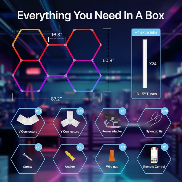 Alt view image 7 of 7 - HYPERLITE Hexagon Garage Lights: Gen-IV 5 Grid RGB Hexagon LED Lights with Music Sync Mode, App & Remote Control, Multi-Color Honeycomb Light for Gaming Room, Gym, Garage