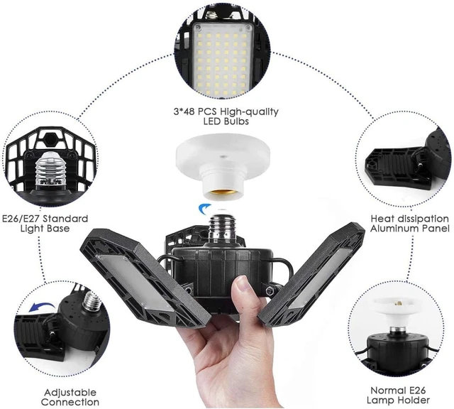 Alt view image 3 of 6 - LED Garage Lights 4 Pack - 6000 Lumen 6500K Daylight 60W, Three Leaf Led Garage Ceiling Lights