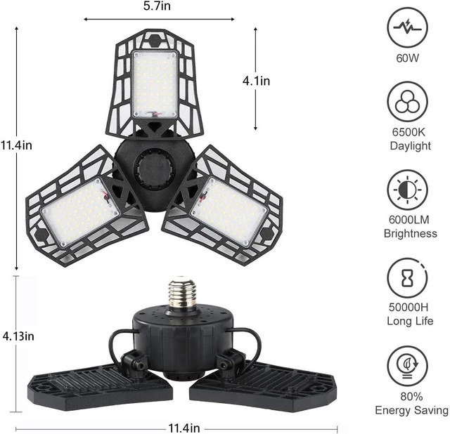 Alt view image 4 of 6 - LED Garage Lights 4 Pack - 6000 Lumen 6500K Daylight 60W, Three Leaf Led Garage Ceiling Lights