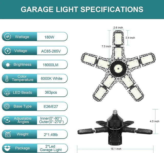 Alt view image 7 of 7 - Nexillumi 2-Pack Led Garage Light 180W, 36000LM Garage Lights Ceiling LED with E26/E27 Medium Base, 6000K Deformable LED Shop Lights with 10+1 Adjustable Panels for Garage, Workshop, Attic, Basemen