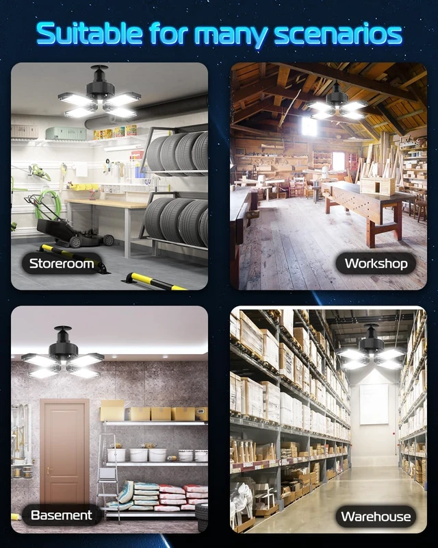 Alt view image 7 of 7 - LED Garage Light - 4 Pack 130W 13000LM Deformable 4+1 Panel LED Garage Ceiling Lights with Transformer, E26/27 Base, 6500K Daylight White Shop Lights for Factory, Storage Room, Warehouse