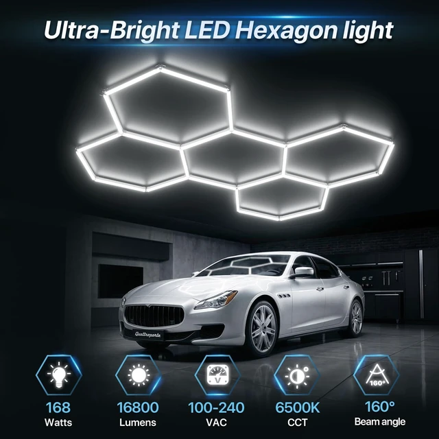 Alt view image 3 of 7 - HYPERLITE Gen 2 Hexagon Garage LED Light, Upgraded 3 Level Dimmable 168W 16800LM Super Bright Garage Detailing Lights, 5 Grids Hex Shop Light, Hexagon LED Lights for Basement, Car Wash, Gym, Shop