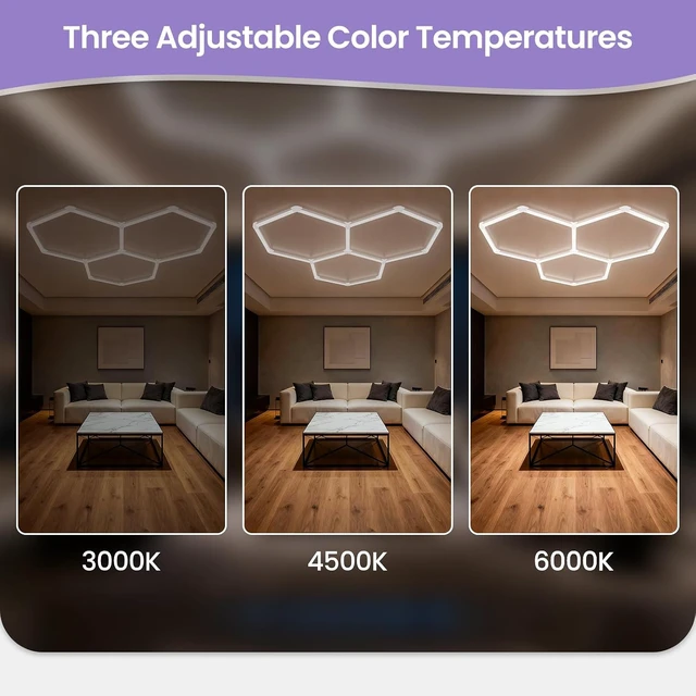 Alt view image 2 of 7 - Hexagon Garage Lights - 3 Stage Dimmable Hexagon Lights, 6500K 17280LM Honeycomb Light for Car Ceiling Detailing Shop, Garage, Basement, Workshop, Warehouse, Gym, Barber, Auto Beauty Shop