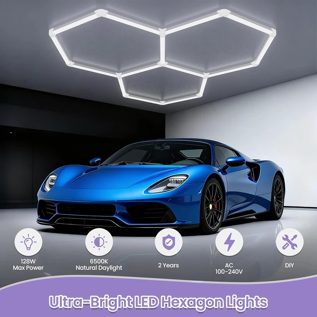 Alt view image 3 of 7 - Hexagon Garage Lights - 3 Stage Dimmable Hexagon Lights, 6500K 17280LM Honeycomb Light for Car Ceiling Detailing Shop, Garage, Basement, Workshop, Warehouse, Gym, Barber, Auto Beauty Shop