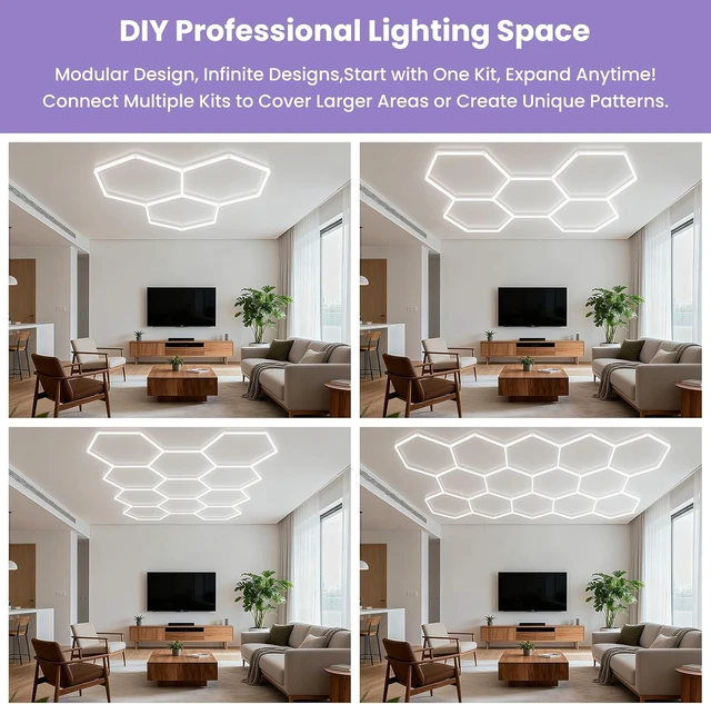 Alt view image 4 of 7 - Hexagon Garage Lights - 3 Stage Dimmable Hexagon Lights, 6500K 17280LM Honeycomb Light for Car Ceiling Detailing Shop, Garage, Basement, Workshop, Warehouse, Gym, Barber, Auto Beauty Shop