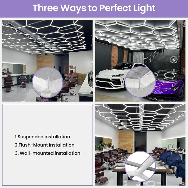Alt view image 5 of 7 - Hexagon Garage Lights - 3 Stage Dimmable Hexagon Lights, 6500K 17280LM Honeycomb Light for Car Ceiling Detailing Shop, Garage, Basement, Workshop, Warehouse, Gym, Barber, Auto Beauty Shop