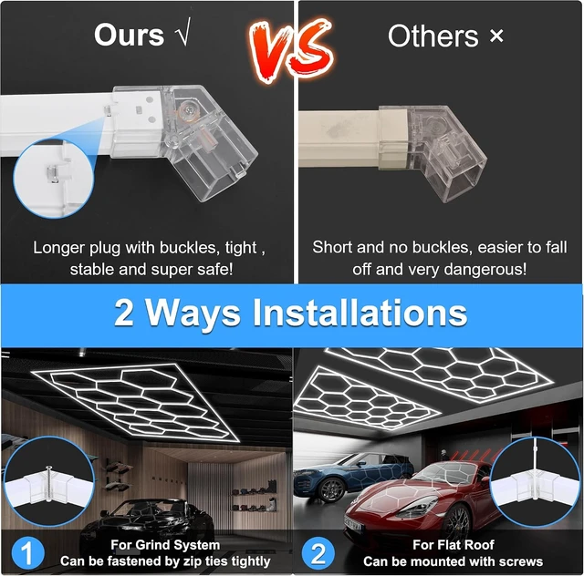 Alt view image 5 of 7 - MODERN Hexagon Garage Light: Upgraded 3 Level Dimmable Hexagon Led Garage Light with Rectangle Frame 86400 Lumens 6500K for Garage, Basement, Warehouse, Auto Beauty Shop, Car Detailing Shop etc.