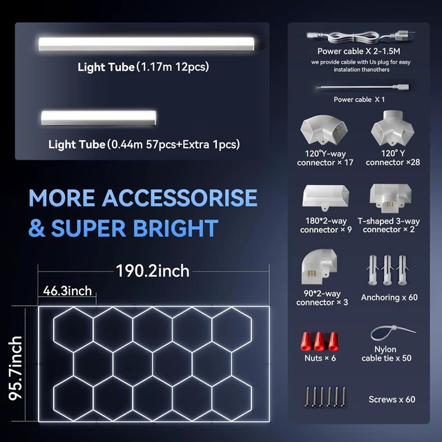 Alt view image 7 of 7 - LZHOME LED Hexagon Garage Light - Super Bright 900W 108000LM Car Detailing Shop Ceiling Lights Lighting System for Home Gym Workshop Basement Warehouse 45CM/Lamp Tube