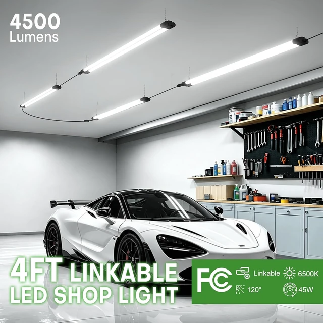 Alt view image 2 of 7 - T5 LED Shop Light, 4FT 4500LM Garage Lighting, 45W (150W Equivalent), 6500K Linkable Integrated Light Fixture with ON/OFF Switch, Hanging or Ceiling Mount Bright White Light for Workshop (4 Pack)
