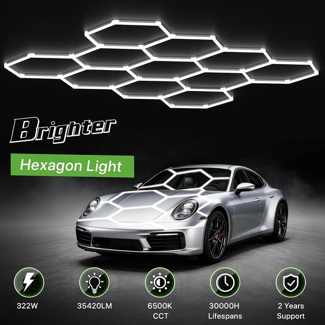 Alt view image 2 of 7 - Glitgate LED Hexagon Garage Lights, 322W 35,420LM 6500K, 11 Grid