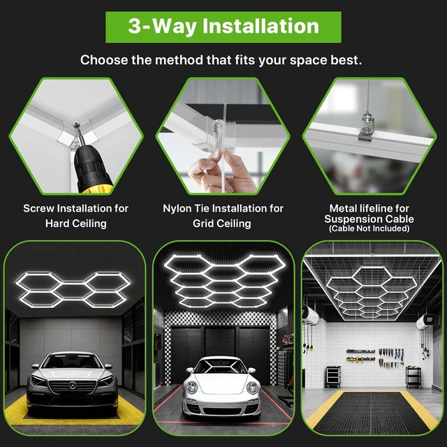 Alt view image 4 of 7 - Glitgate LED Hexagon Garage Lights, 322W 35,420LM 6500K, 11 Grid