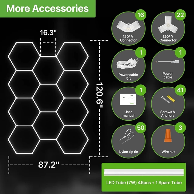 Alt view image 5 of 7 - Glitgate LED Hexagon Garage Lights, 322W 35,420LM 6500K, 11 Grid