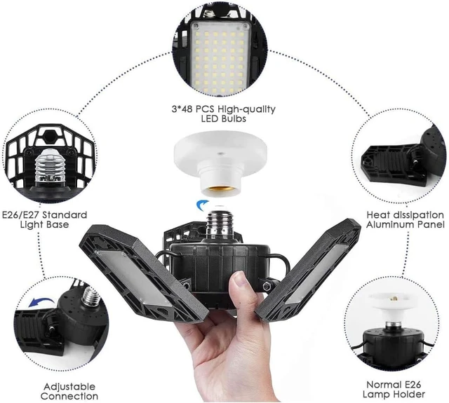 Alt view image 2 of 5 - LED Garage Lights - 6000 Lumen 6500K Daylight 60W, Three Leaf Led Garage Ceiling Lights, Pack of 2