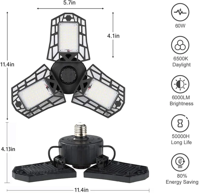 Alt view image 3 of 5 - LED Garage Lights - 6000 Lumen 6500K Daylight 60W, Three Leaf Led Garage Ceiling Lights, Pack of 2