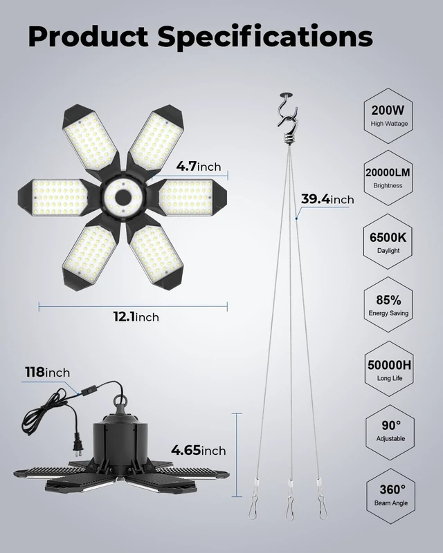 Alt view image 7 of 7 - 2 Pack Plug in Garage Light, 20000LM Shop Lights 6500K Bay Lighting