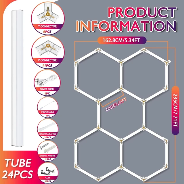 Alt view image 2 of 7 - LED Hexagon Garage Lights, 24 Pack Car Garage Light Tubes, 192W, 23040LM, 6500K Super Bright, 5 Grid Systems Car Detailing LED Hex Light for Warehouse Workshop Basement Gym
