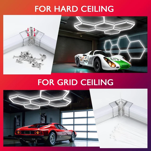 Alt view image 5 of 7 - LED Hexagon Garage Lights, 24 Pack Car Garage Light Tubes, 192W, 23040LM, 6500K Super Bright, 5 Grid Systems Car Detailing LED Hex Light for Warehouse Workshop Basement Gym