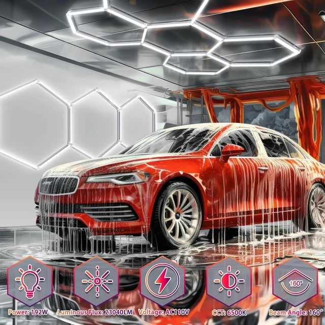 Alt view image 3 of 7 - LED Hexagon Garage Lights, 24 Pack Car Garage Light Tubes, 192W, 23040LM, 6500K Super Bright, 5 Grid Systems Car Detailing LED Hex Light for Warehouse Workshop Basement Gym