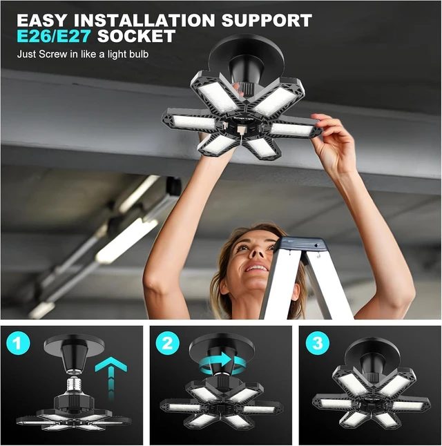 Alt view image 4 of 7 - LED Garage Lights Bulb 4 Pack 180W Led Screw in Garage Lights 18000LM 6500K Bright LED Garage Ceiling Lights Deformable Garage Shop Light for Attic Basement Workshop Screw in E26 E27 Base