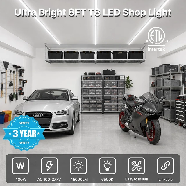 Alt view image 2 of 7 - HYPERLITE 8ft LED Shop Lights: 100W 15000lm 10Packs ETL Listed, 6500K Daylight White Linkable LED Shop Light Clear Cover V-Shape, High Output Tube with Plug for Garage Workshop Warehouse Basement