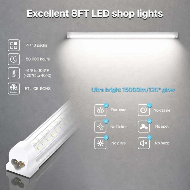 Alt view image 5 of 7 - HYPERLITE 8ft LED Shop Lights: 100W 15000lm 10Packs ETL Listed, 6500K Daylight White Linkable LED Shop Light Clear Cover V-Shape, High Output Tube with Plug for Garage Workshop Warehouse Basement