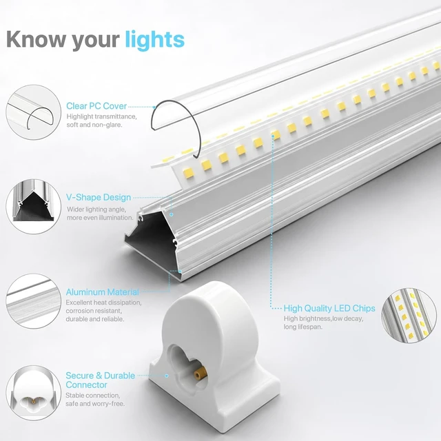 Alt view image 6 of 7 - HYPERLITE 8ft LED Shop Lights: 100W 15000lm 10Packs ETL Listed, 6500K Daylight White Linkable LED Shop Light Clear Cover V-Shape, High Output Tube with Plug for Garage Workshop Warehouse Basement
