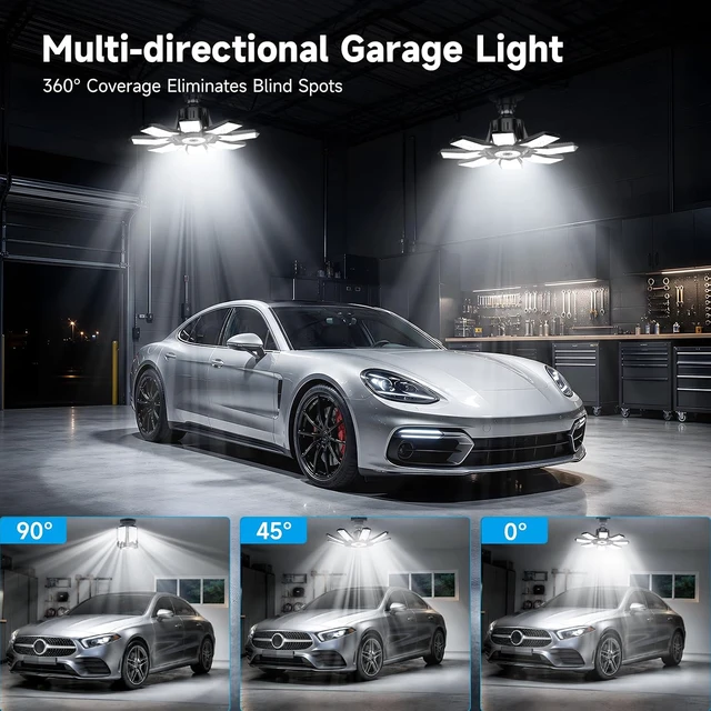 Alt view image 2 of 7 - Garage Lights - 240W Garage Lighting Ultra Bright 24000LM LED Shop Light W/ 8 Deformable Panels 6500K Screw in E26 LED Light Bulbs for Workshop Basement Laundry Room Storage - 2Pack
