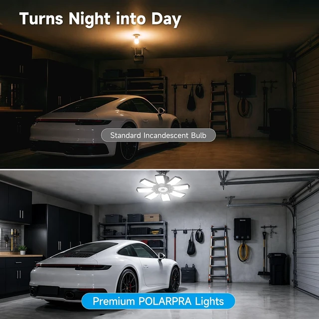 Alt view image 3 of 7 - Garage Lights - 240W Garage Lighting Ultra Bright 24000LM LED Shop Light W/ 8 Deformable Panels 6500K Screw in E26 LED Light Bulbs for Workshop Basement Laundry Room Storage - 2Pack