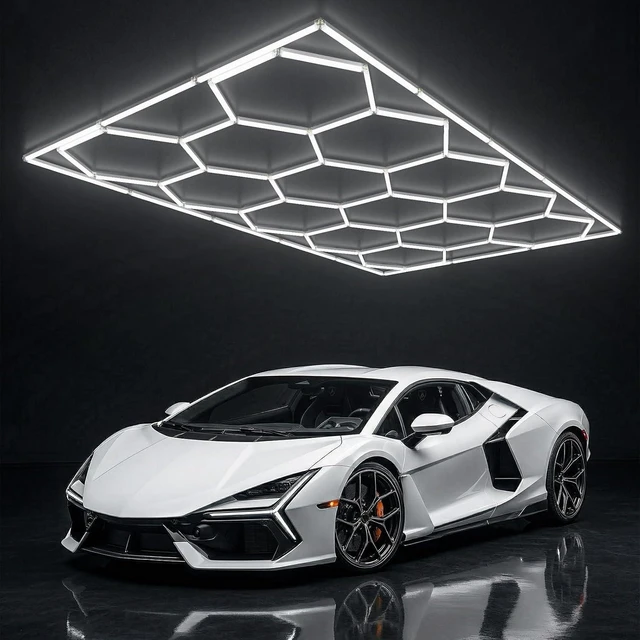 Main image of ALLYES Hexagon Garage Lights, LED Honeycomb Garage Lights, 538W 64560LM 6500K, 14 Grid Hexagon Light Set with Rectangle Frame for Workshop Showroom Detail Shop Gym