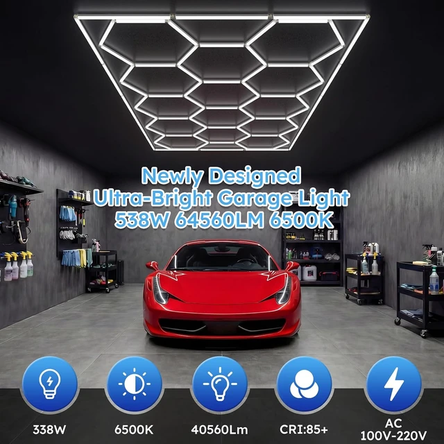 Alt view image 2 of 7 - ALLYES Hexagon Garage Lights, LED Honeycomb Garage Lights, 538W 64560LM 6500K, 14 Grid Hexagon Light Set with Rectangle Frame for Workshop Showroom Detail Shop Gym