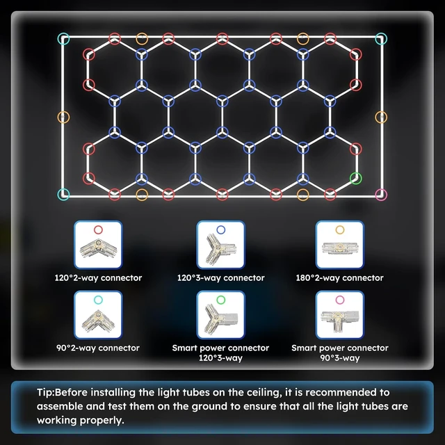 Alt view image 5 of 7 - ALLYES Hexagon Garage Lights, LED Honeycomb Garage Lights, 538W 64560LM 6500K, 14 Grid Hexagon Light Set with Rectangle Frame for Workshop Showroom Detail Shop Gym