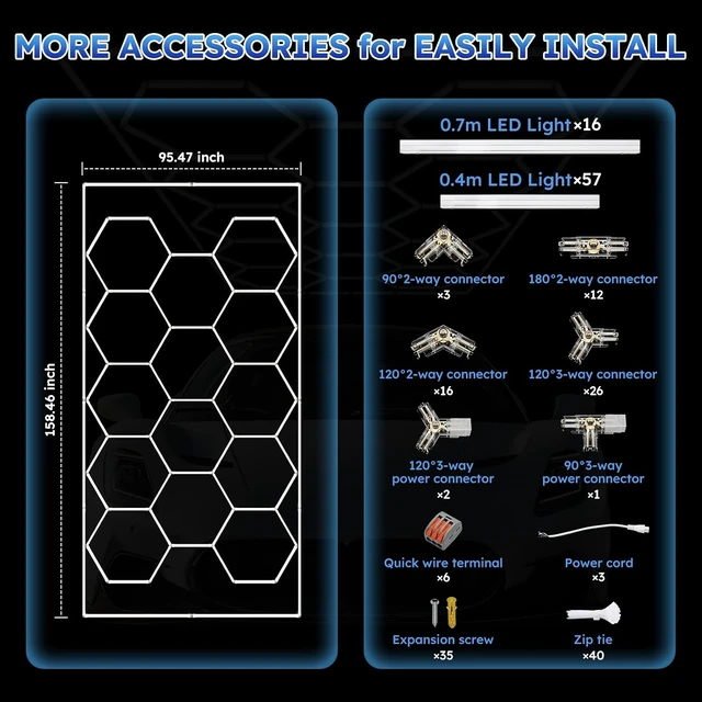 Alt view image 6 of 7 - ALLYES Hexagon Garage Lights, LED Honeycomb Garage Lights, 538W 64560LM 6500K, 14 Grid Hexagon Light Set with Rectangle Frame for Workshop Showroom Detail Shop Gym