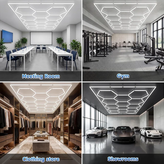 Alt view image 7 of 7 - ALLYES Hexagon Garage Lights, LED Honeycomb Garage Lights, 538W 64560LM 6500K, 14 Grid Hexagon Light Set with Rectangle Frame for Workshop Showroom Detail Shop Gym
