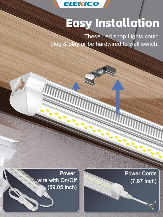 Alt view image 4 of 6 - ELEKICO 4 Pack 2ft Led Shop Lights, 6000k 40w 5600lm 24 Inch Led Light Fixture Power Cord Wth on/Off Switch, Linkable 2ft Shop Light for Small Garage Ceiling Storage Area Workbench Basement Attic