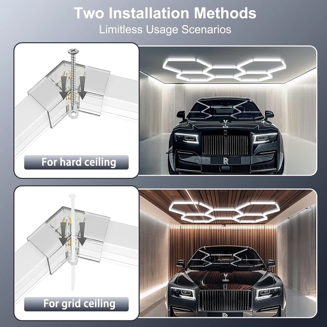 Alt view image 3 of 6 - Hexagon LED Shop Lights with 3 Colors (6500K/4000K/3000K), 192W 23040LM Garage Ceiling Lights, IP62 Waterproof, Flicker-Free, Expandable DIY Design for Workshop Garage Gym, 24+1 Pack