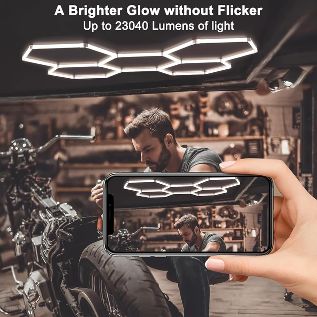 Alt view image 5 of 6 - Hexagon LED Shop Lights with 3 Colors (6500K/4000K/3000K), 192W 23040LM Garage Ceiling Lights, IP62 Waterproof, Flicker-Free, Expandable DIY Design for Workshop Garage Gym, 24+1 Pack