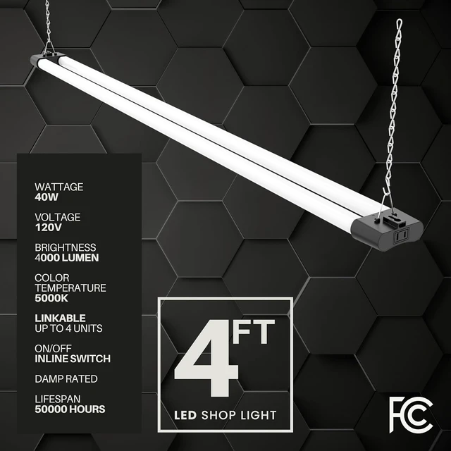 Alt view image 3 of 6 - Quarterback 4FT 40W LED Shop Light with Inline Switch Dual Tube Lightweight Daylight White 5000K Surface or Suspension Mount for Garage Workshop Basement (1)