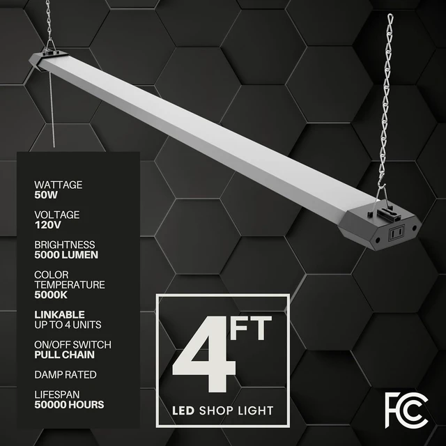 Alt view image 3 of 6 - Quarterback 4FT 50W LED Shop Light Linkable with Hexagon Shade Reflector Cover Daylight White 5000K Pull Chain Plug in Workshop Fixture for Garage Basement