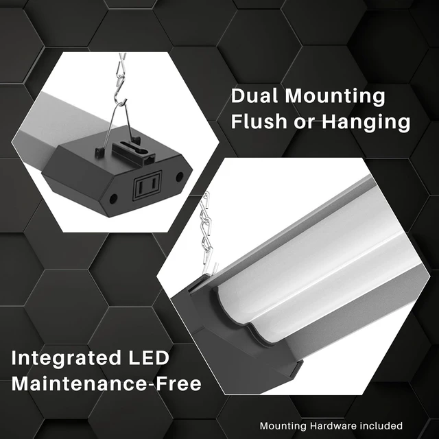 Alt view image 5 of 6 - Quarterback 4FT 50W LED Shop Light Linkable with Hexagon Shade Reflector Cover Daylight White 5000K Pull Chain Plug in Workshop Fixture for Garage Basement
