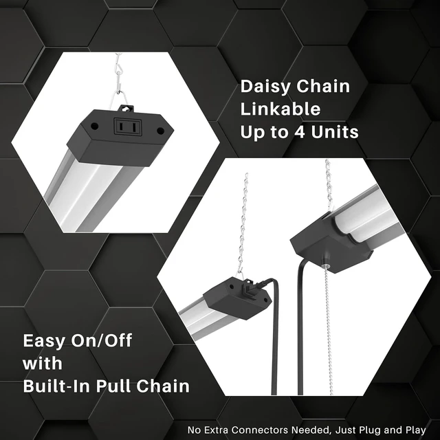 Alt view image 4 of 6 - Quarterback 4FT 50W LED Shop Light Linkable with Hexagon Shade Reflector Cover Daylight White 5000K Pull Chain Plug in Workshop Fixture for Garage Basement
