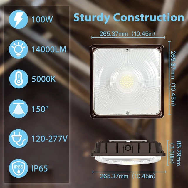 Alt view image 2 of 6 - HYPERLITE 100W Canopy LED Lights: 14000LM 1-Pack IP65 Commercial Gas Station Lighting - Square Aluminum Industrial Heat Dissipation for Parking Garage Carport