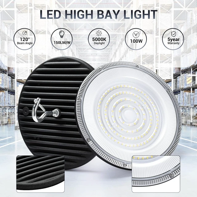 Alt view image 5 of 6 - XYCN 100W UFO Led High Bay Light,IP66 Waterproof,120VAC,15050LM 5000K Daylight Area Lighting,with Plug Commercial Bay Lighting for Warehouse/Shop/Workshop/Barn/Gym/Factory